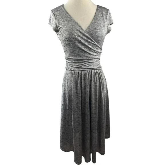Maeve x Anthropologie Tamera Metallic Silver Shimmer Jersey Dress Faux Wrap XS - Picture 3 of 15